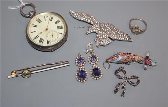 A silver pocket watch, an enamel fish ring, two brooches, a pair of earrings and an Essex crystal brooch